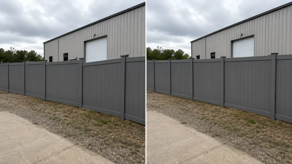 Before-and-after view of a gray vinyl commercial privacy fence repair in Iowa City, Iowa.