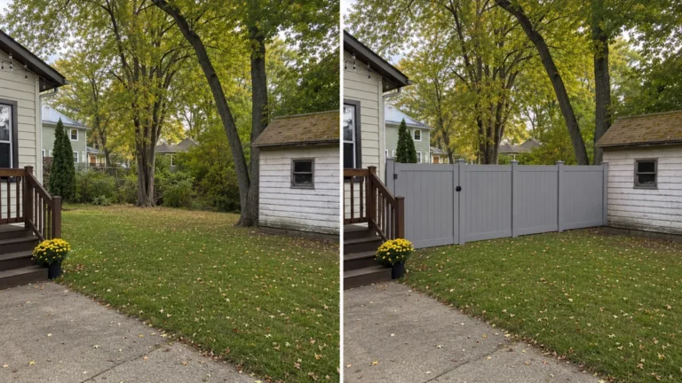 Before-and-after view of a gray vinyl privacy fence backyard shed in Coralville, Iowa.