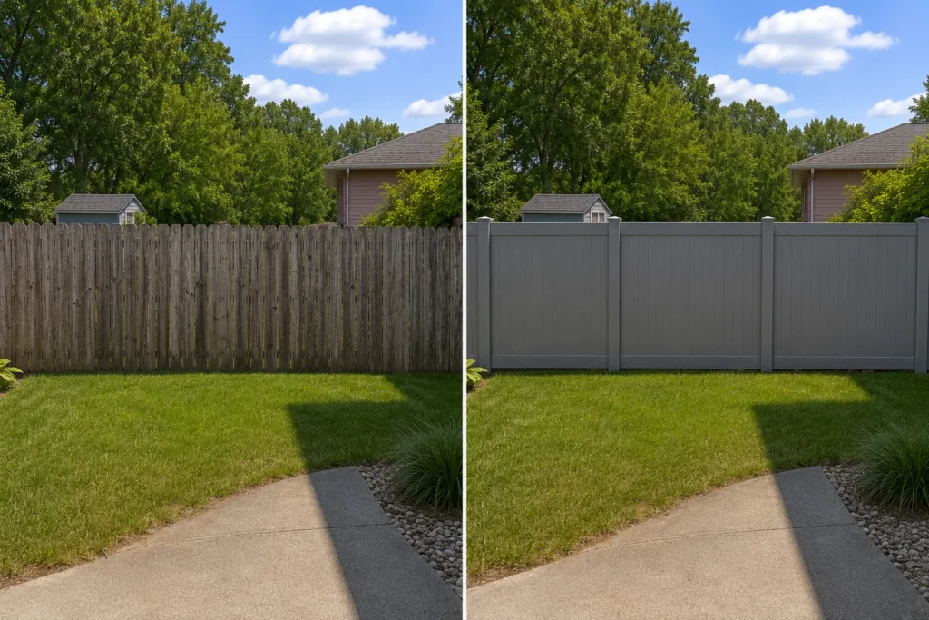 Before-and-after view of a gray vinyl privacy fence installation in Iowa City, Iowa.