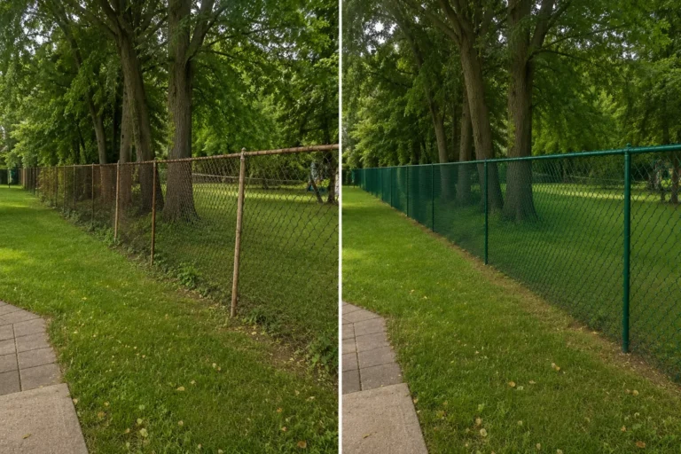 Before-and-after view of a green chain-link fence installation in Iowa City, Iowa.