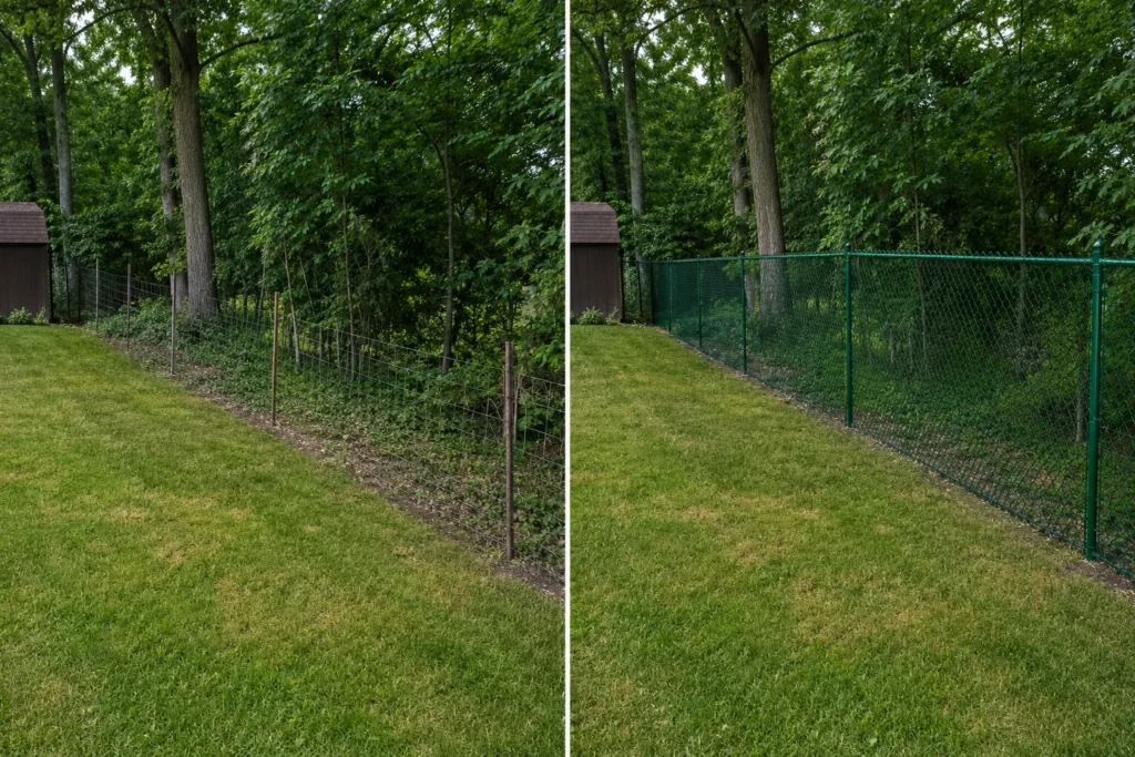 Before-and-after view of a green chain-link wooded yard fence installation in Iowa City, Iowa.