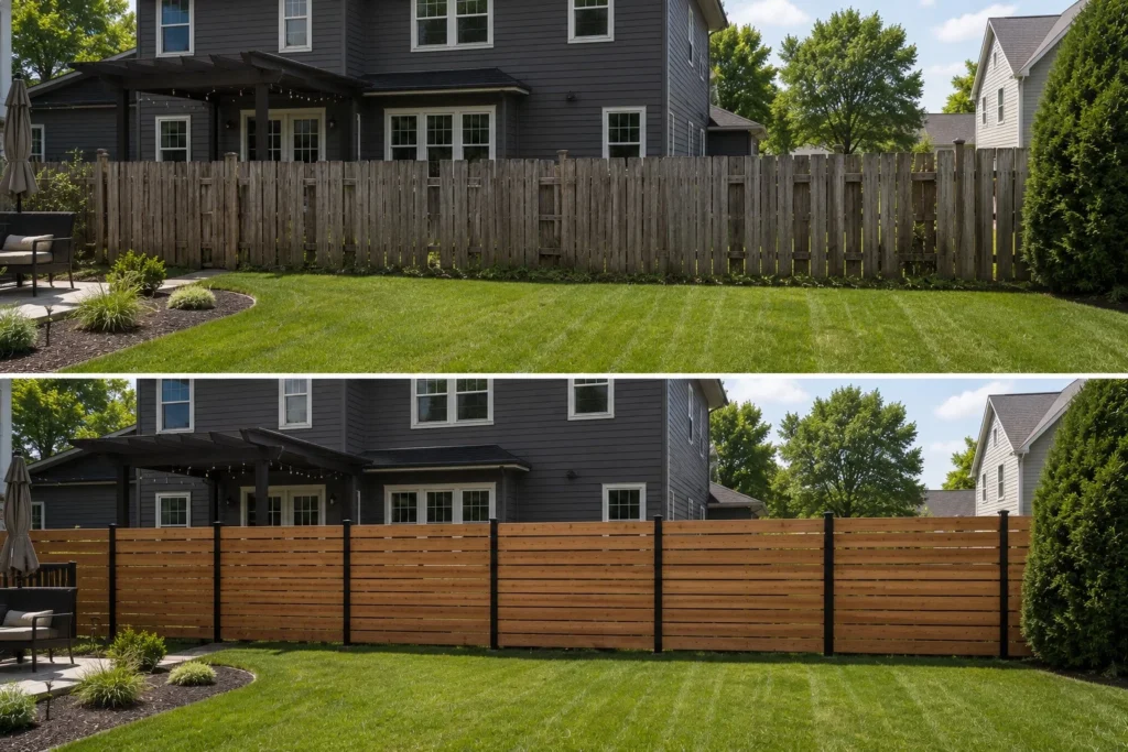 Before-and-after view of a horizontal cedar privacy fence replacement in Solon, Iowa.