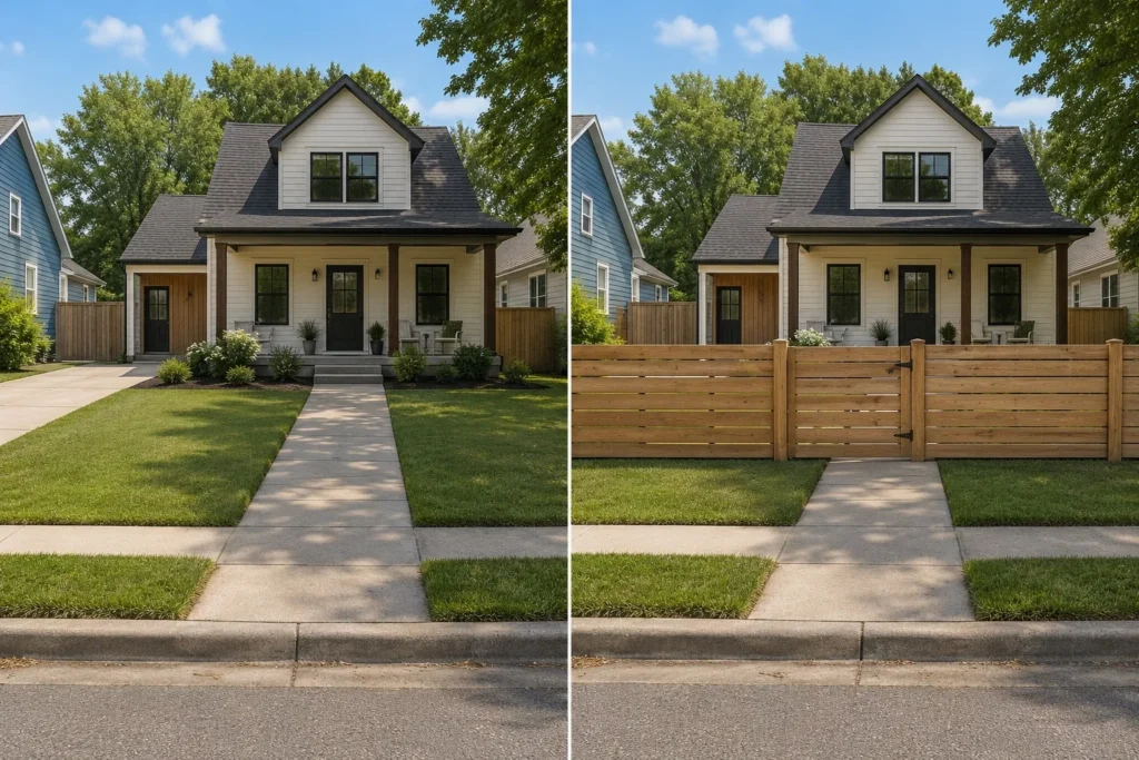 Horizontal Wood Privacy Fence Installation in Iowa City, Iowa.