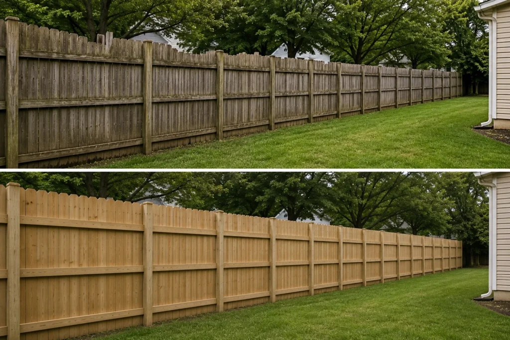 Before-and-after view of a long cedar privacy fence replacement in Iowa City, Iowa.