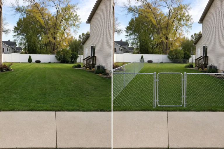 Before-and-after view of a white vinyl backyard privacy fence installation in Iowa City, Iowa.