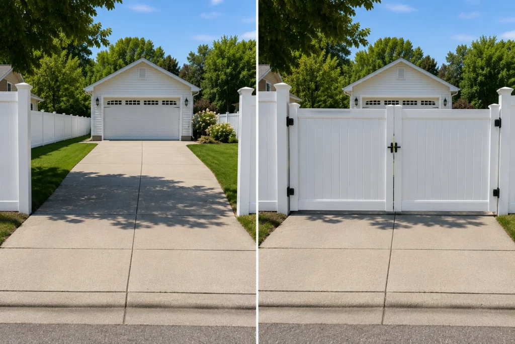 Before-and-after view of a white vinyl double driveway gate installation in Tiffin, Iowa.