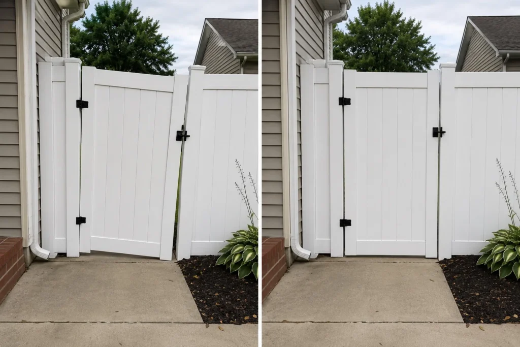 Before-and-after view of a white vinyl double gate repair in Iowa City, Iowa.