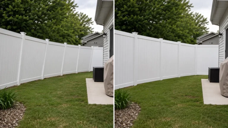 Before-and-after view of a white vinyl privacy fence backyard in Iowa City, Iowa.