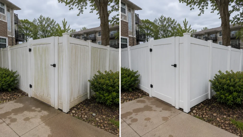 Before-and-after view of a white vinyl privacy fence cleaning in West Branch, Iowa.