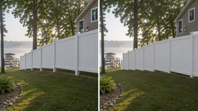 Before-and-after view of a white vinyl privacy fence lakeside yard in Swisher, Iowa.