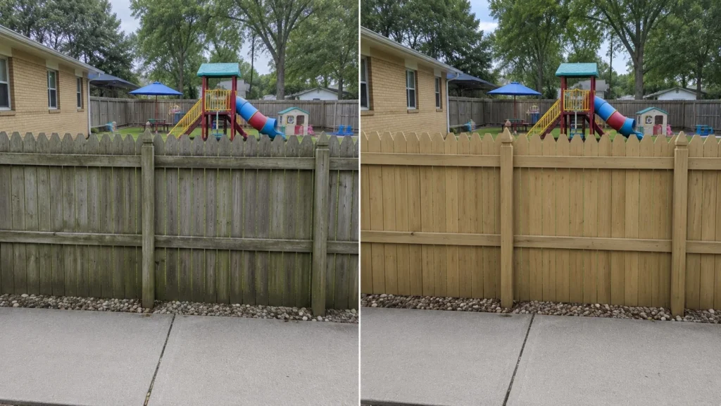Before-and-after view of a wood picket fence cleaning restoration in Amana, Iowa.
