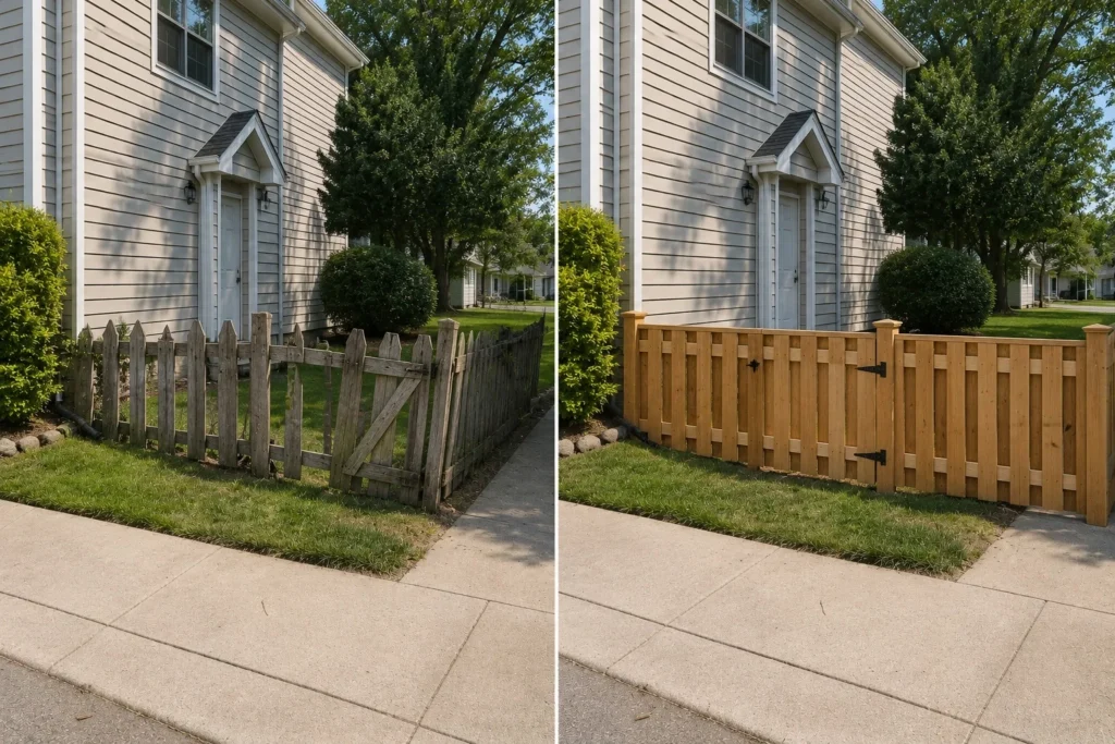 Before-and-after view of a wood picket fence replacement in Solon, Iowa.