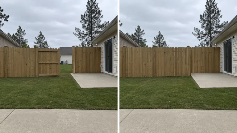 Before-and-after view of a wood privacy fence backyard patio in Nichols, Iowa.