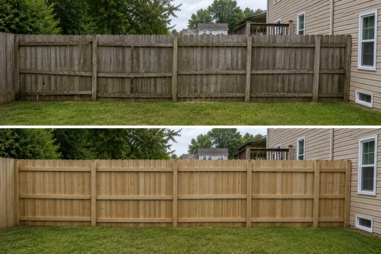 Before-and-after view of a wood privacy fence full replacement in North Liberty, Iowa.