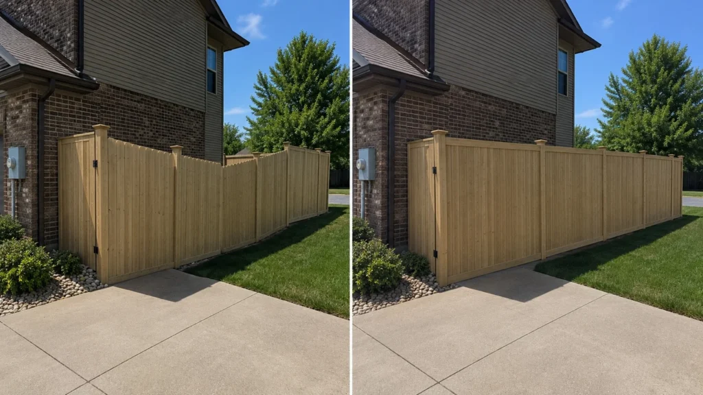 Before-and-after view of a wood privacy fence side yard brick home in West Branch, Iowa.