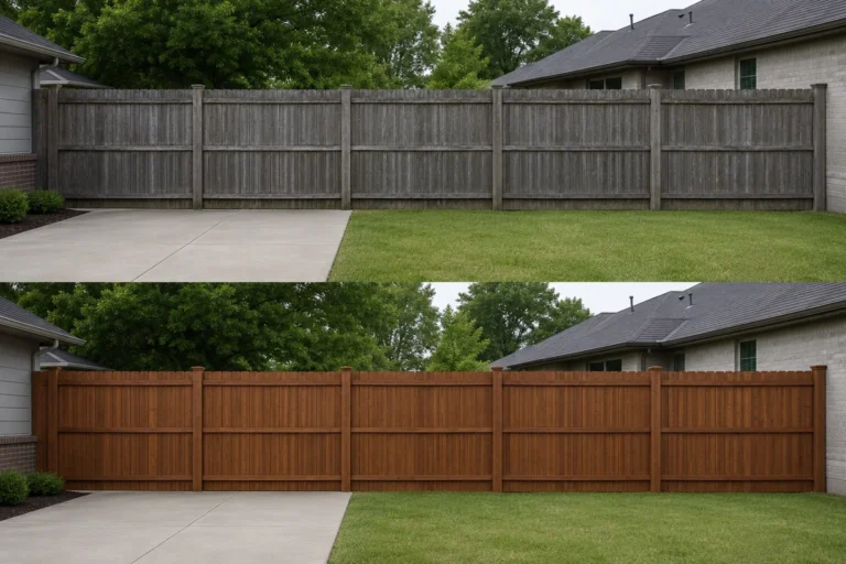 Before-and-after view of a wood privacy fence staining in Oxford, Iowa.
