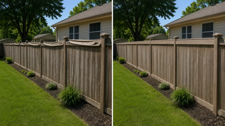 Before-and-after view of a wood privacy fence straightening in Williamsburg, Iowa.