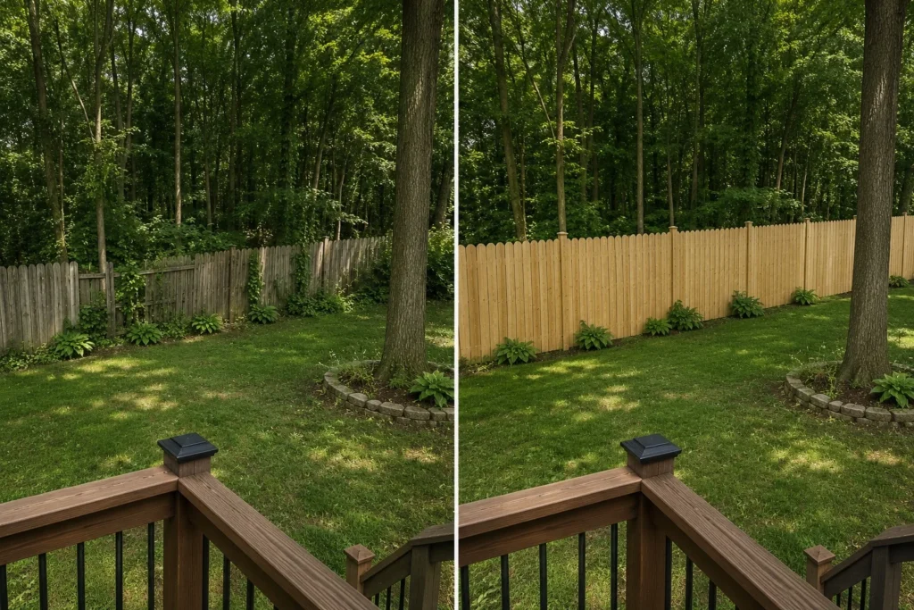 Before-and-after view of a woodland cedar privacy fence replacement in Coralville, Iowa.