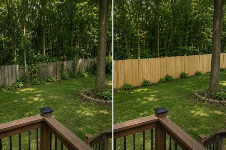 Before-and-after view of a woodland cedar privacy fence replacement in Coralville, Iowa.